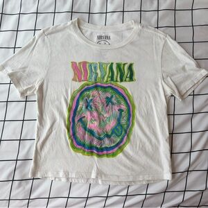 Woman’s Colorful Smiley Nirvana Baby Tee, Size S, Cropped.